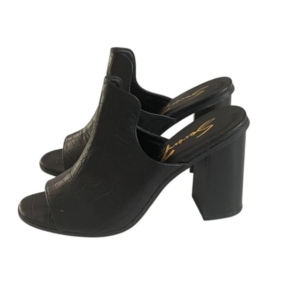 Black Croc-Embossed Open Toe Block Heel Mules Slip Size 8.5 Y2K Chunky - Picture 1 of 5